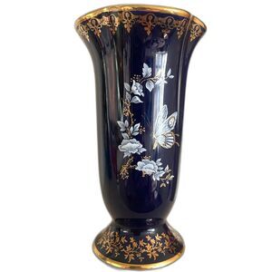 VTG Limoges France Cobalt Blue & Gold Butterfly Floral Vase Diffuse Par Valette